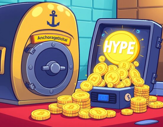 Cartoon illustration of Anchorage Digital securely processing a large HYPE acquisition, symbolizing significant crypto investment.