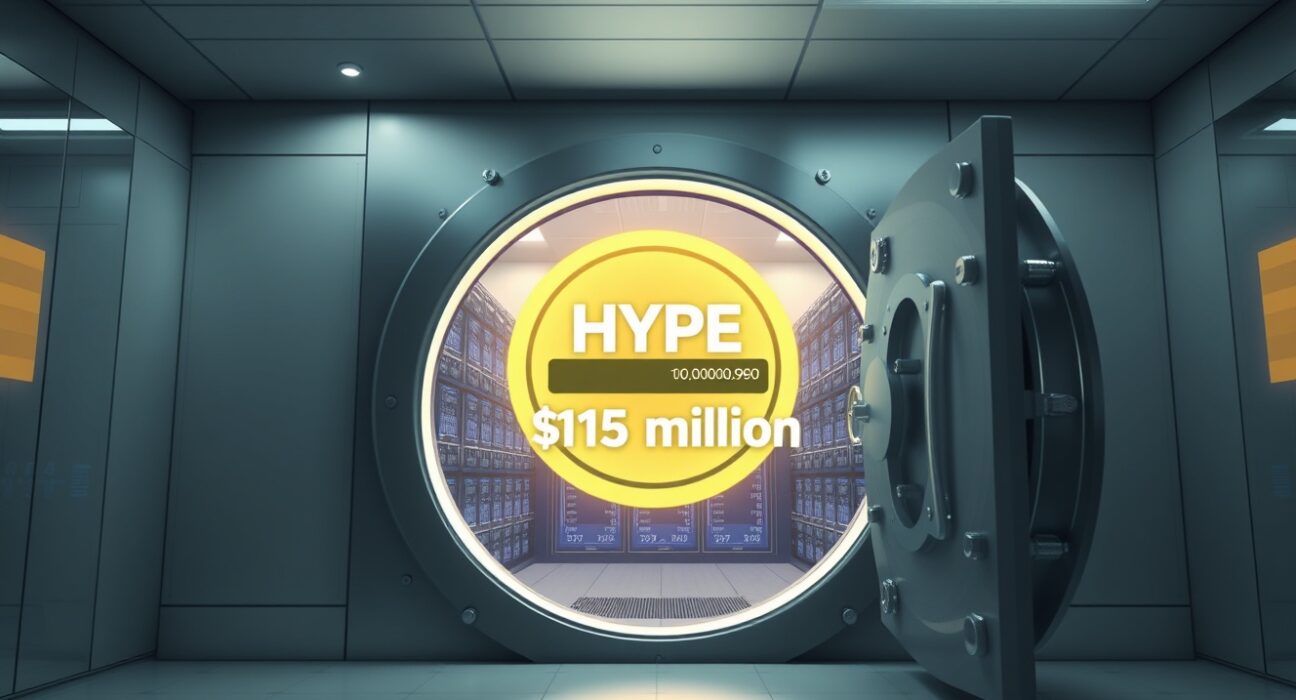 Secure vault interior with digital display showing HYPE cryptocurrency balance and $18 million amount