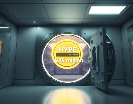 Secure vault interior with digital display showing HYPE cryptocurrency balance and $18 million amount
