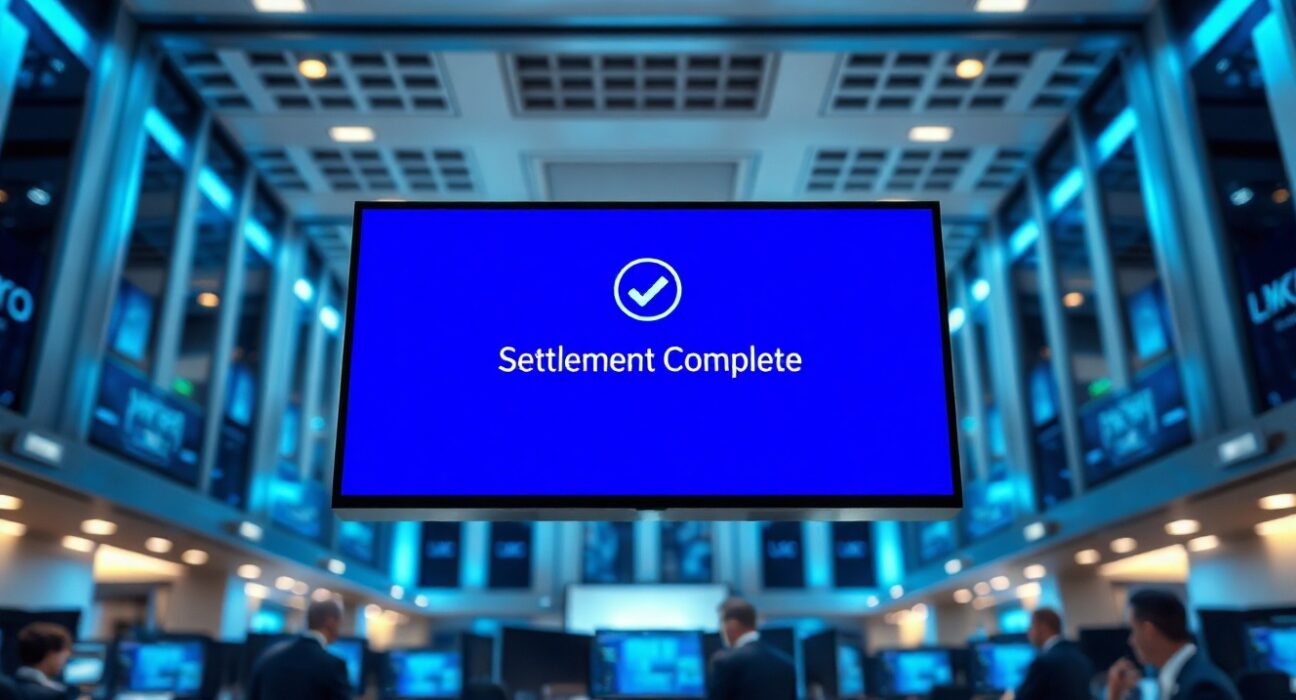 Institutional trading desk with a digital screen showing a secure settlement confirmation interface.