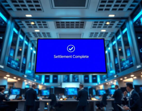 Institutional trading desk with a digital screen showing a secure settlement confirmation interface.