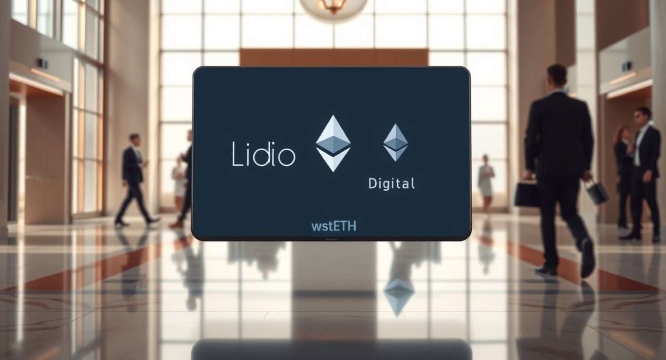 Anchorage Digital and Lido logos displayed on a digital screen in a modern institutional banking lobby.