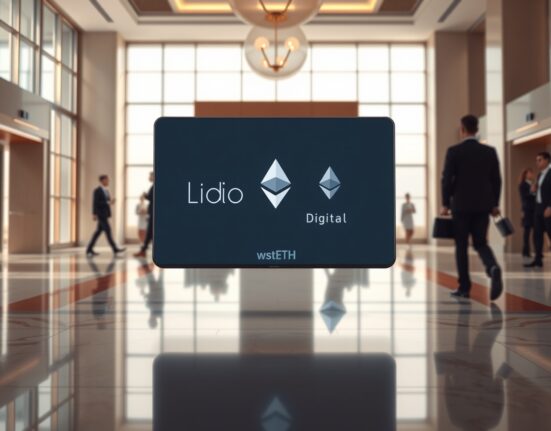 Anchorage Digital and Lido logos displayed on a digital screen in a modern institutional banking lobby.