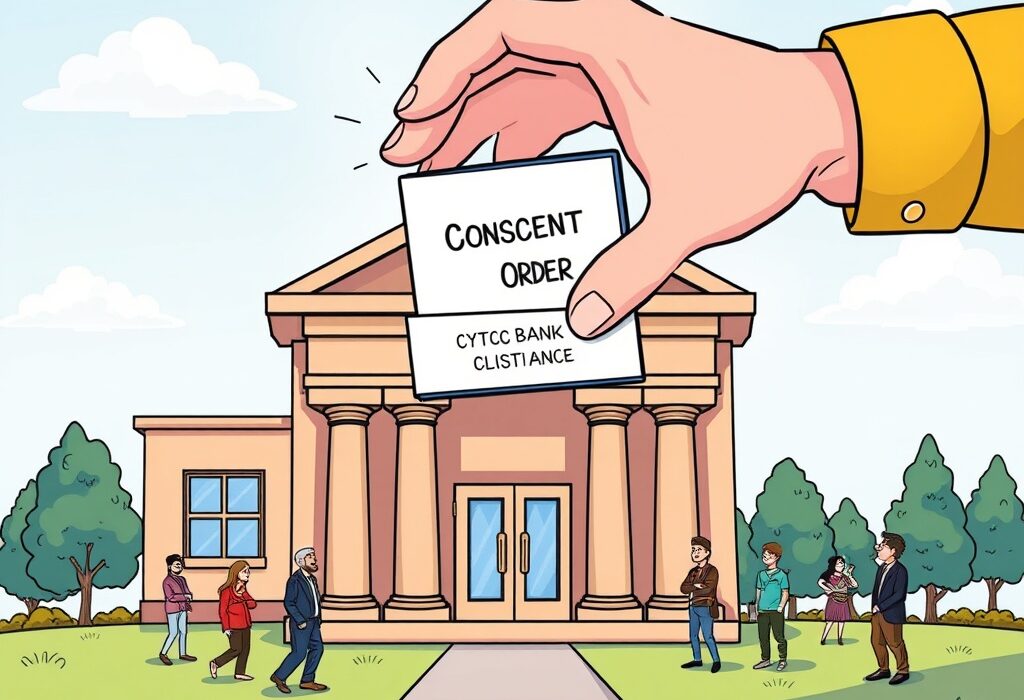 A cartoon illustration showing the OCC lifting a consent order from Anchorage Digital, symbolizing enhanced compliance and a clear path for crypto banking.