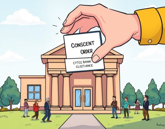 A cartoon illustration showing the OCC lifting a consent order from Anchorage Digital, symbolizing enhanced compliance and a clear path for crypto banking.