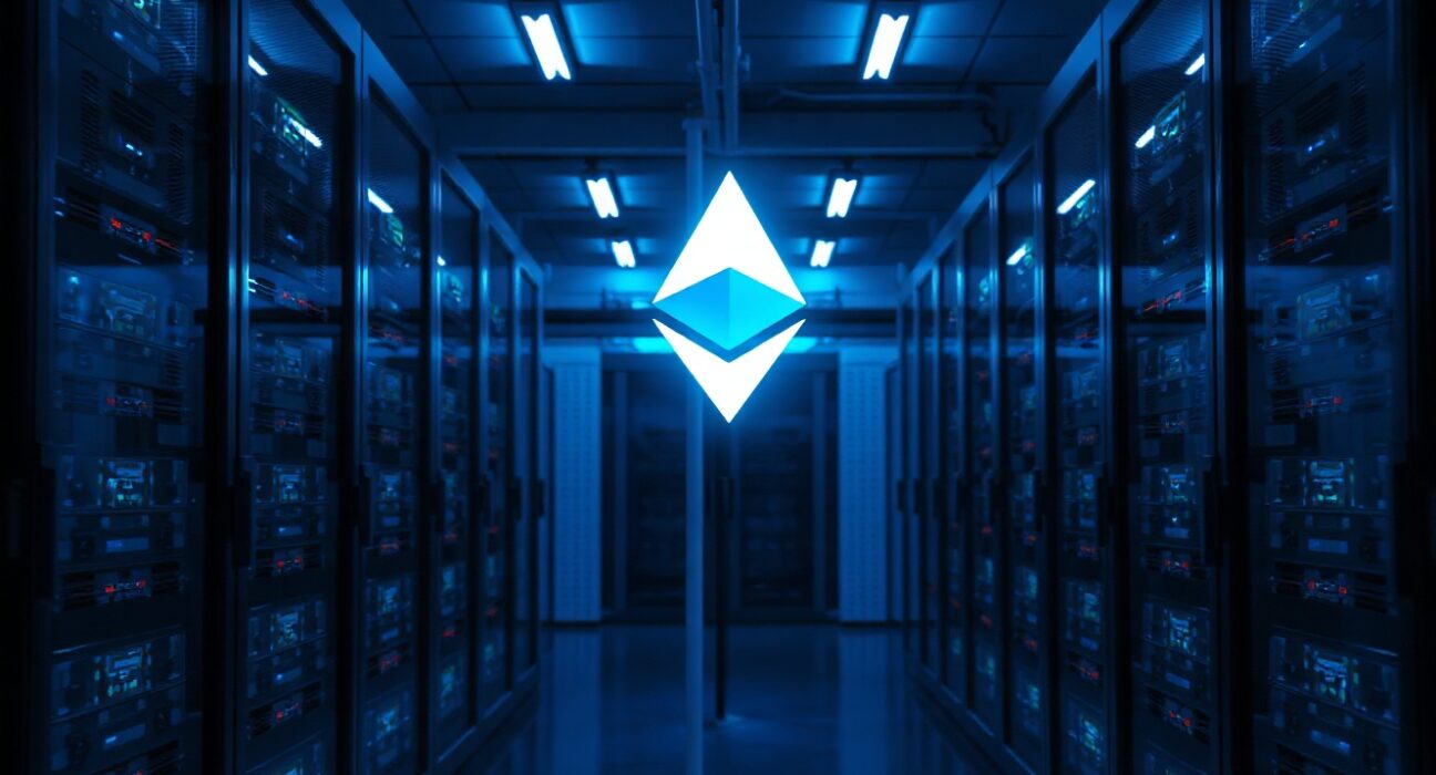 Modern data center with servers and holographic Ethereum logo representing institutional staking