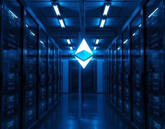 Modern data center with servers and holographic Ethereum logo representing institutional staking