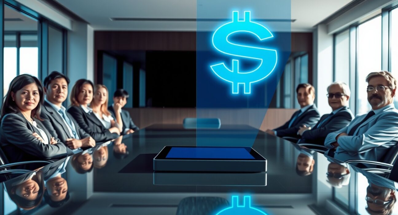 A business meeting with a digital holographic USDG symbol on a conference table