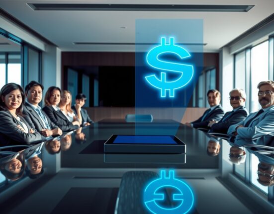 A business meeting with a digital holographic USDG symbol on a conference table