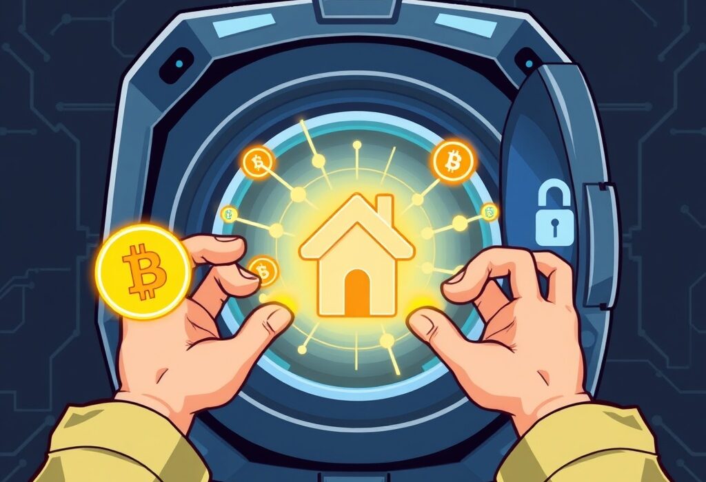 Cartoon illustration of a secure digital vault integrating various blockchain symbols, representing the innovative launch of Anchorage Digital Ventures.