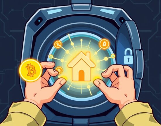 Cartoon illustration of a secure digital vault integrating various blockchain symbols, representing the innovative launch of Anchorage Digital Ventures.
