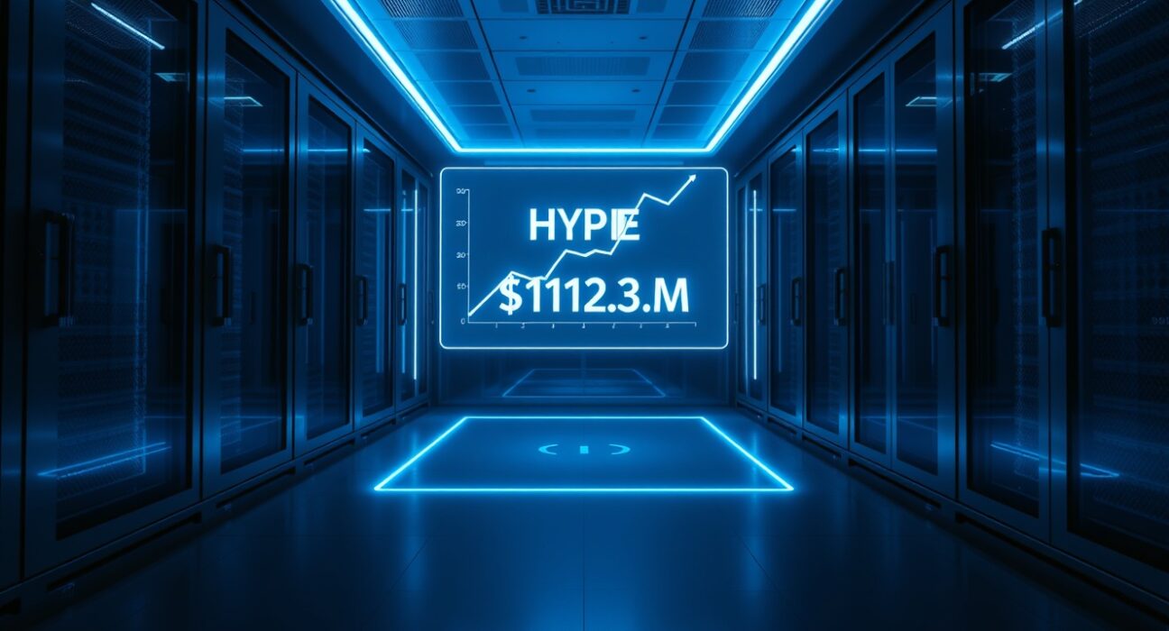 A glowing holographic display inside a secure data center shows a rising HYPE token chart and a $112.3 million transaction value, representing institutional crypto accumulation.
