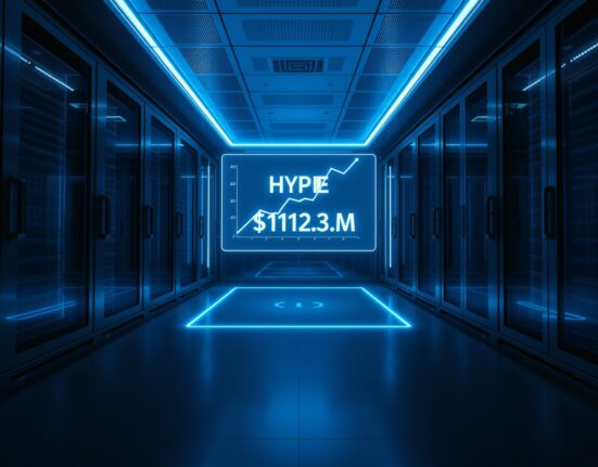 A glowing holographic display inside a secure data center shows a rising HYPE token chart and a $112.3 million transaction value, representing institutional crypto accumulation.