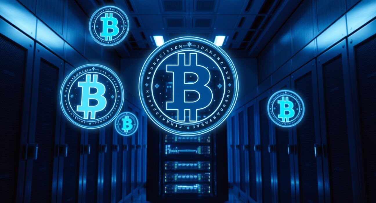 Digital vault interior with servers and floating HYPE cryptocurrency tokens, representing institutional crypto custody.