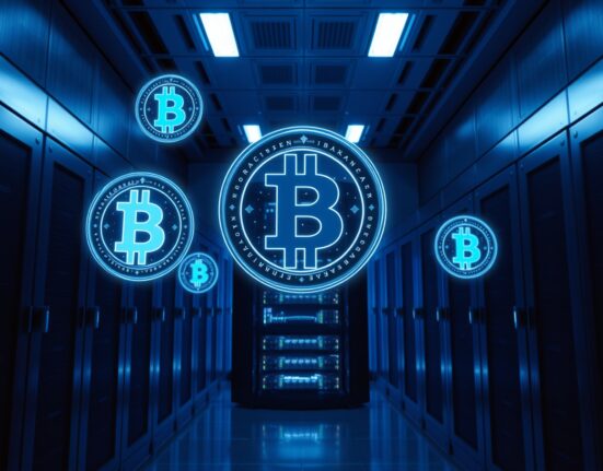 Digital vault interior with servers and floating HYPE cryptocurrency tokens, representing institutional crypto custody.