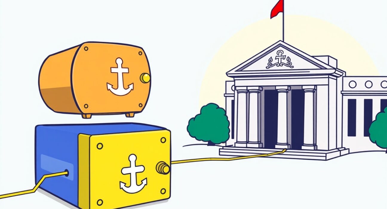 Cartoon illustrating Anchorage Digital securing a Federal Reserve master account, bridging crypto and traditional finance.