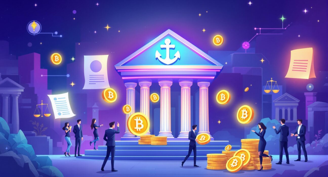 A cartoon illustration showing a secure, compliant stablecoin issuance platform facilitating digital asset flow for institutions.