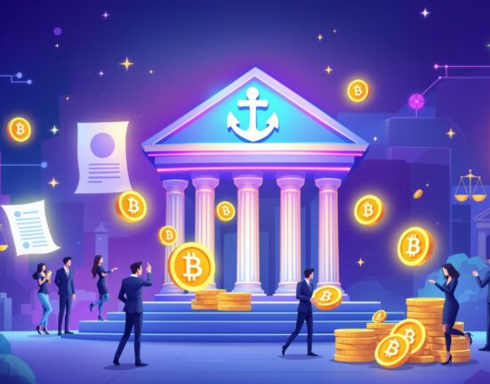 A cartoon illustration showing a secure, compliant stablecoin issuance platform facilitating digital asset flow for institutions.