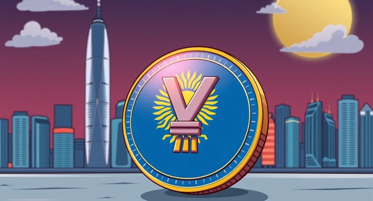 A cartoon illustration showing the official licensing of AnchorX's yuan stablecoin in Kazakhstan, highlighting regulatory clarity.