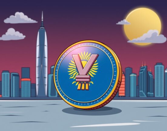 A cartoon illustration showing the official licensing of AnchorX's yuan stablecoin in Kazakhstan, highlighting regulatory clarity.