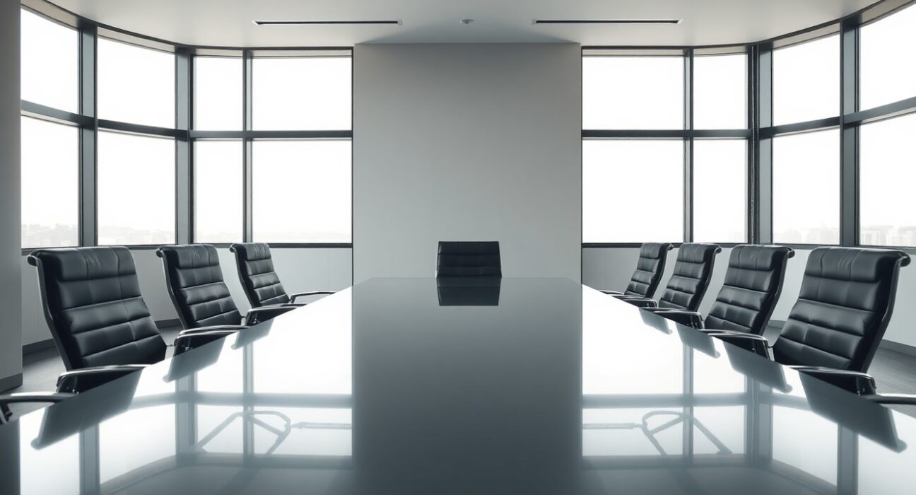 Empty modern boardroom with a chair pushed back, representing Andre Cronje's resignation from Sonic Labs