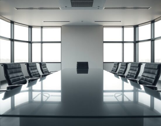 Empty modern boardroom with a chair pushed back, representing Andre Cronje's resignation from Sonic Labs