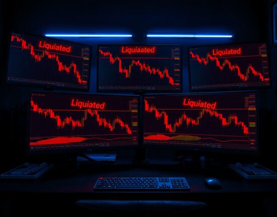Trading desk monitors showing Bitcoin price charts and liquidation alerts, representing Andrew Tate's trading losses.