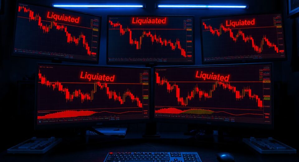 Trading desk monitors showing Bitcoin price charts and liquidation alerts, representing Andrew Tate's trading losses.