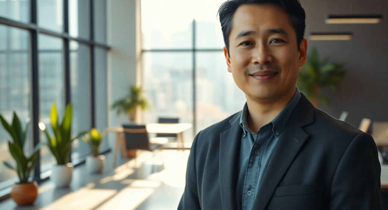 Andrew Yang in a modern office, discussing startup opportunities for reducing living costs