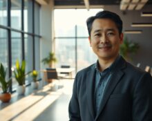 Andrew Yang in a modern office, discussing startup opportunities for reducing living costs