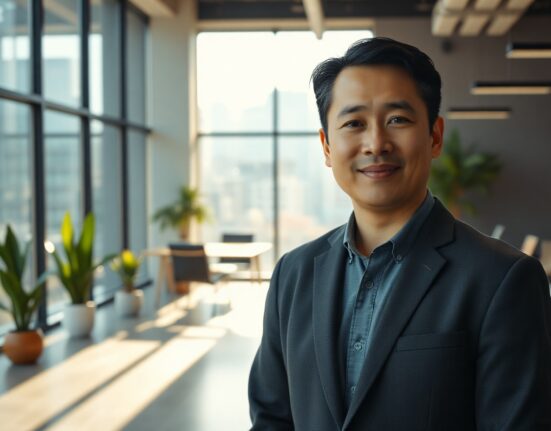 Andrew Yang in a modern office, discussing startup opportunities for reducing living costs