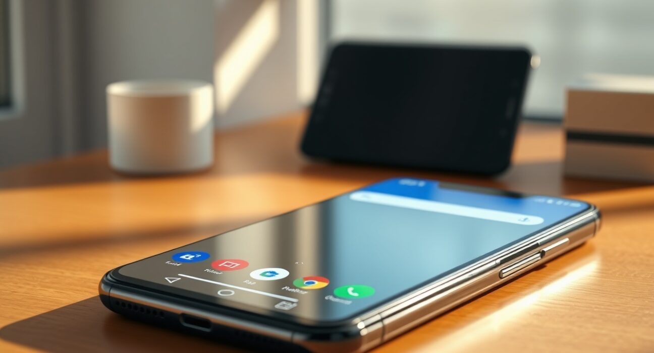 Smartphone display showing Android 17 bubble bar multitasking interface on a desk