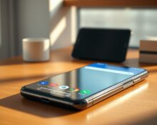 Smartphone display showing Android 17 bubble bar multitasking interface on a desk