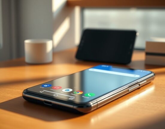 Smartphone display showing Android 17 bubble bar multitasking interface on a desk