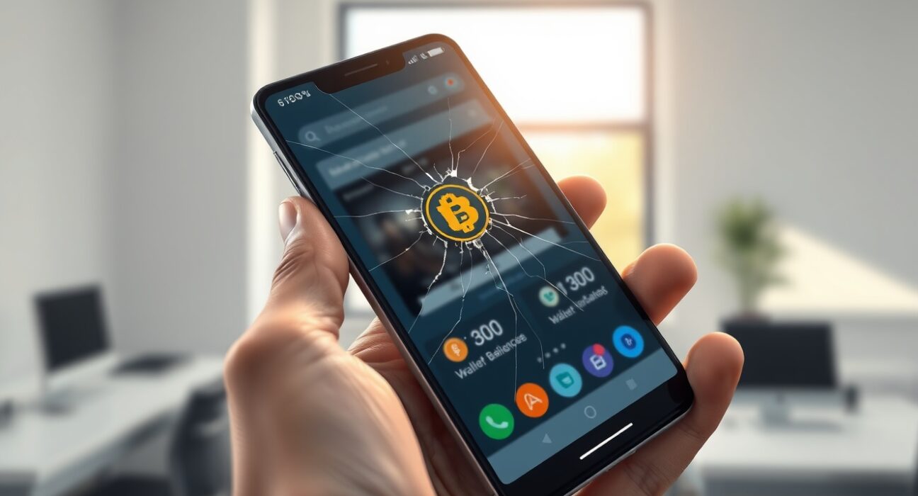 Android smartphone with cryptocurrency wallet app showing security vulnerability threatening user data.