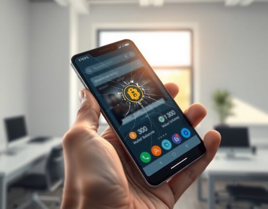 Android smartphone with cryptocurrency wallet app showing security vulnerability threatening user data.
