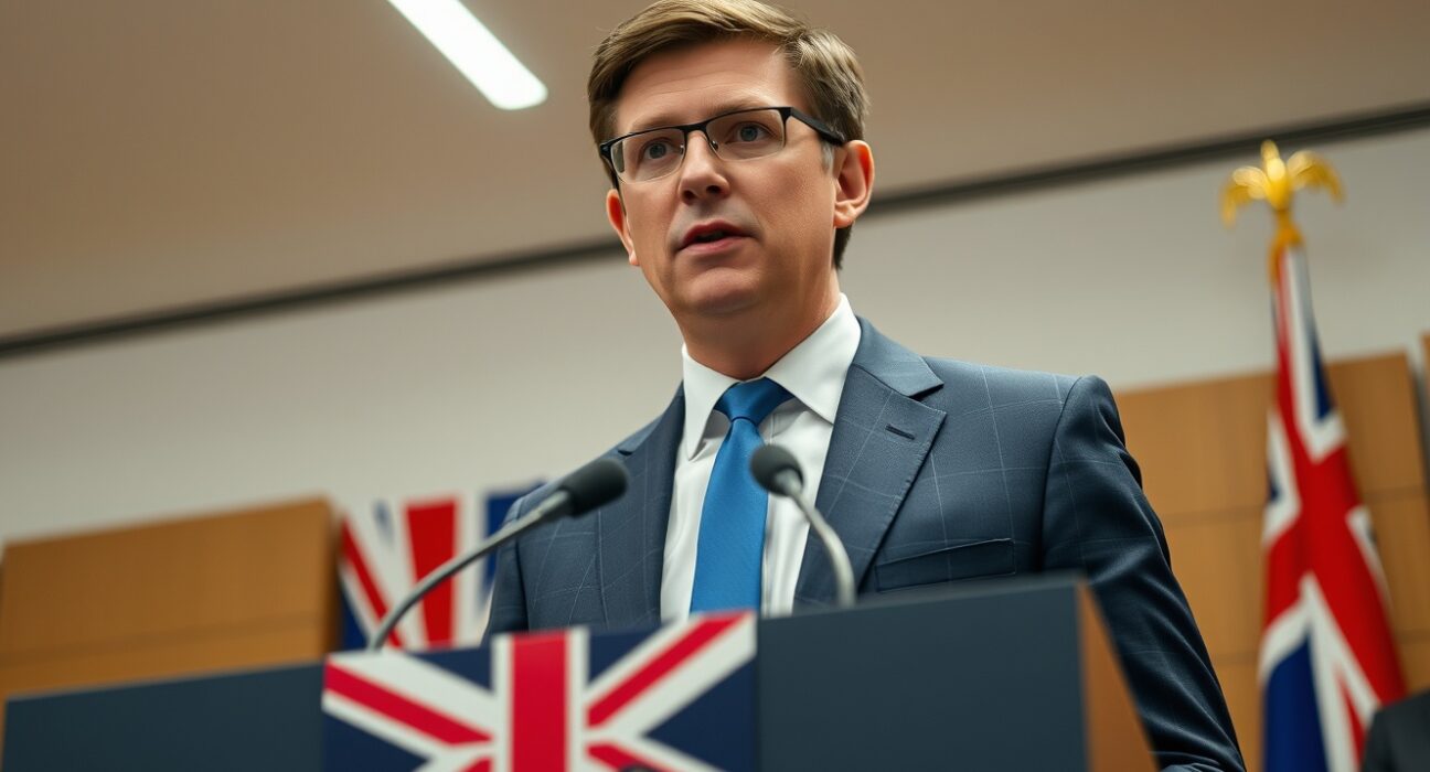 Andy Burnham speaking at a press conference with UK flag backdrop