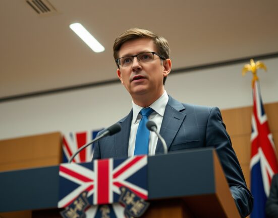 Andy Burnham speaking at a press conference with UK flag backdrop