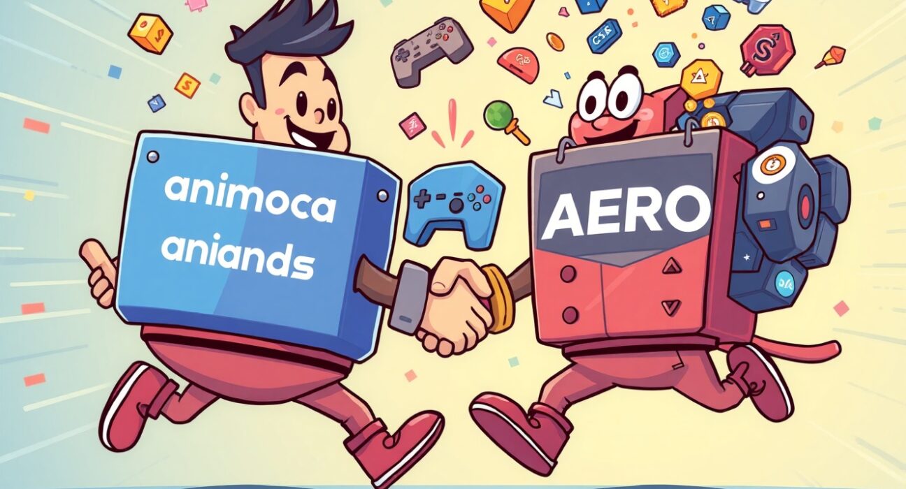 A cartoon illustration symbolizing the strategic Animoca Brands acquisition of AERO, highlighting its impact on Web3 gaming.