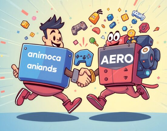 A cartoon illustration symbolizing the strategic Animoca Brands acquisition of AERO, highlighting its impact on Web3 gaming.