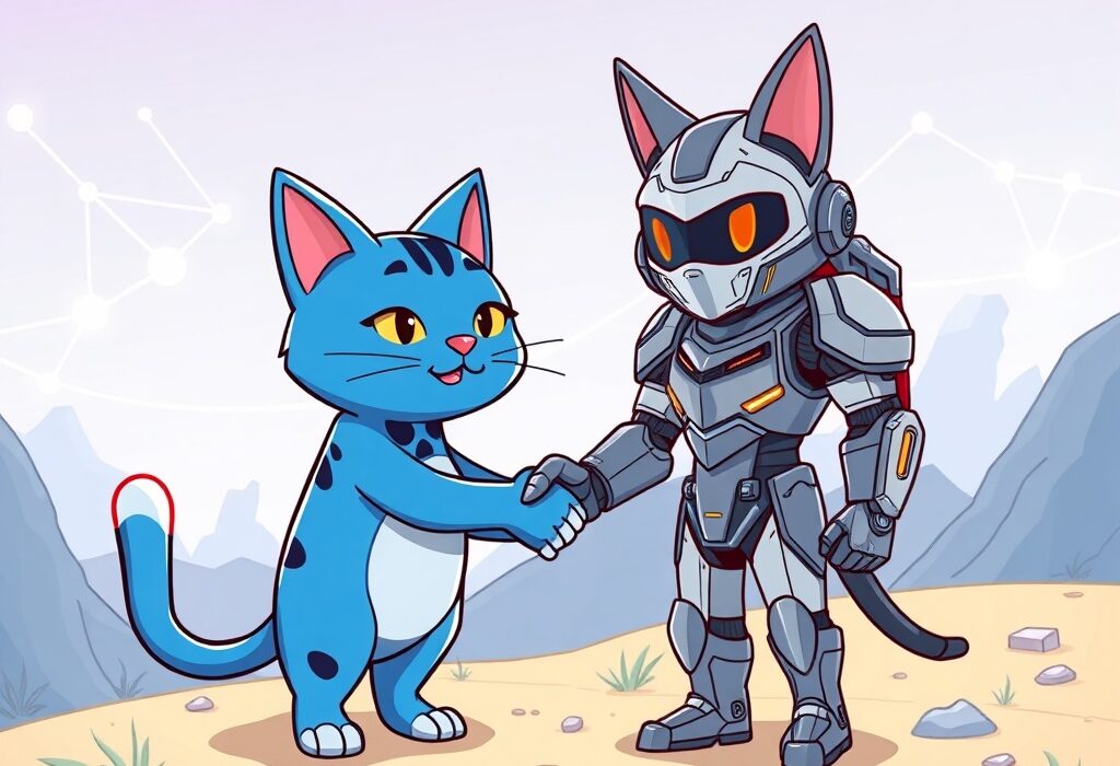 Animoca Brands Cool Cats NFT partnership: A cartoon cat and a corporate figure shaking hands, symbolizing a strategic investment for digital collectible growth.