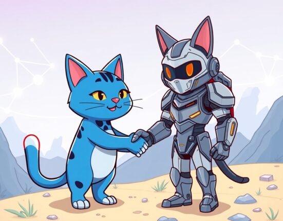 Animoca Brands Cool Cats NFT partnership: A cartoon cat and a corporate figure shaking hands, symbolizing a strategic investment for digital collectible growth.