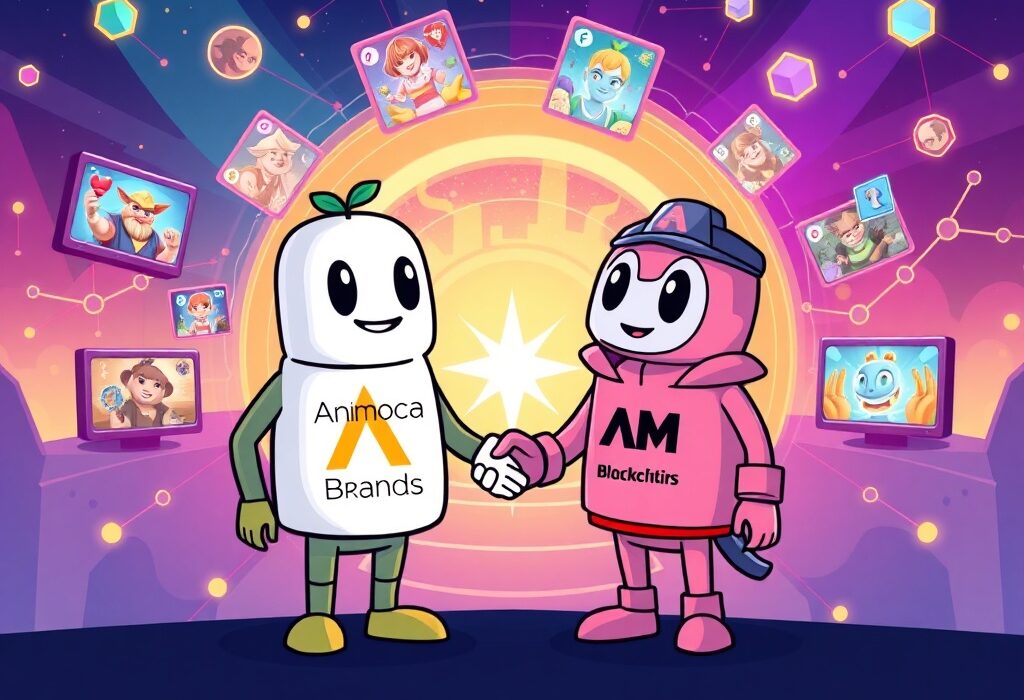 Cartoon illustration depicting the exciting Animoca Brands partnership with AMGI Studios, highlighting their collaboration in blockchain gaming.