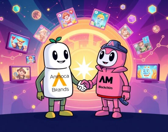 Cartoon illustration depicting the exciting Animoca Brands partnership with AMGI Studios, highlighting their collaboration in blockchain gaming.