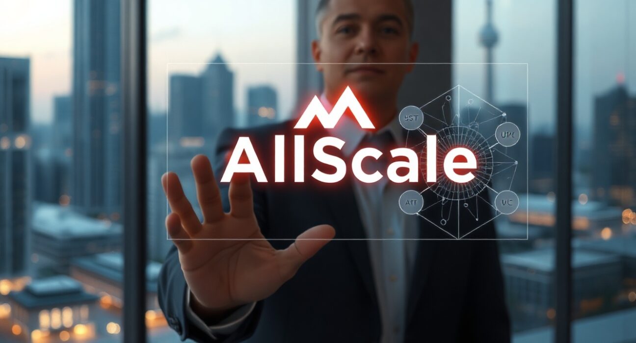 Digital interface with stablecoin symbols and AllScale logo in a modern financial office