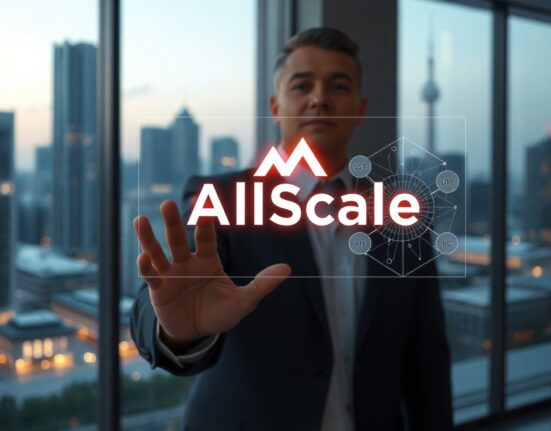 Digital interface with stablecoin symbols and AllScale logo in a modern financial office