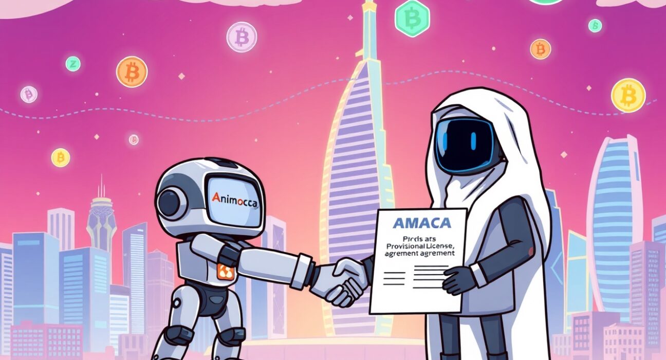 A cartoon illustration showing Animoca Brands securing a provisional crypto license in Dubai, symbolizing regulated growth in Web3.