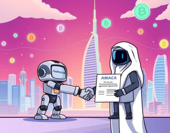 A cartoon illustration showing Animoca Brands securing a provisional crypto license in Dubai, symbolizing regulated growth in Web3.