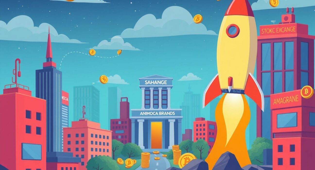 An illustration of Animoca Brands' strategic move towards a Nasdaq listing, symbolizing growth in blockchain gaming.