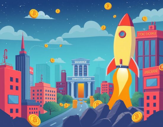 An illustration of Animoca Brands' strategic move towards a Nasdaq listing, symbolizing growth in blockchain gaming.